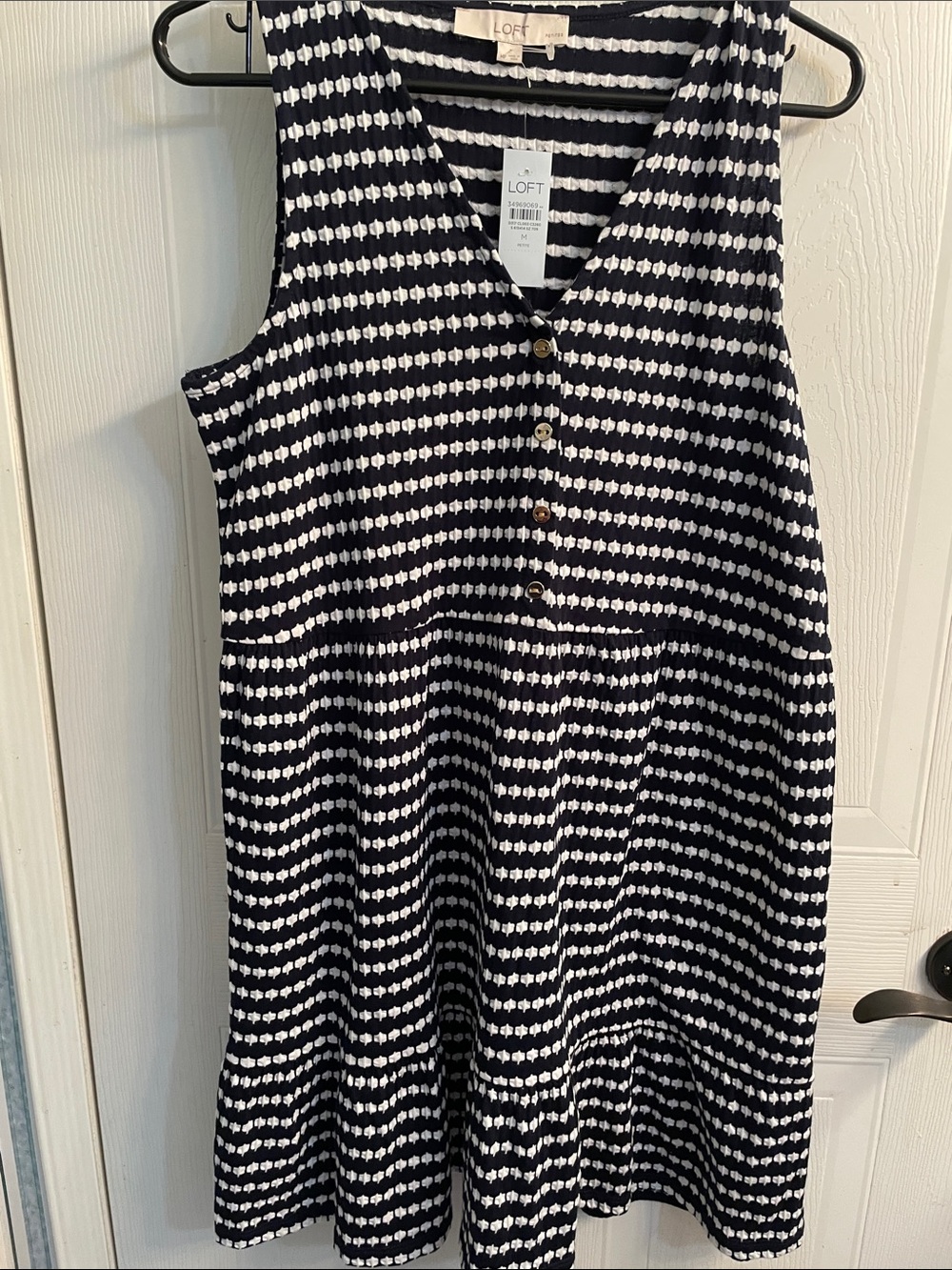 LOFT Navy and White Sleeveless Button-Front Patterned Dress